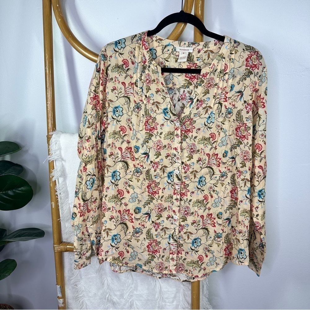 Sundance Floral Collard Cream Blouse sz M